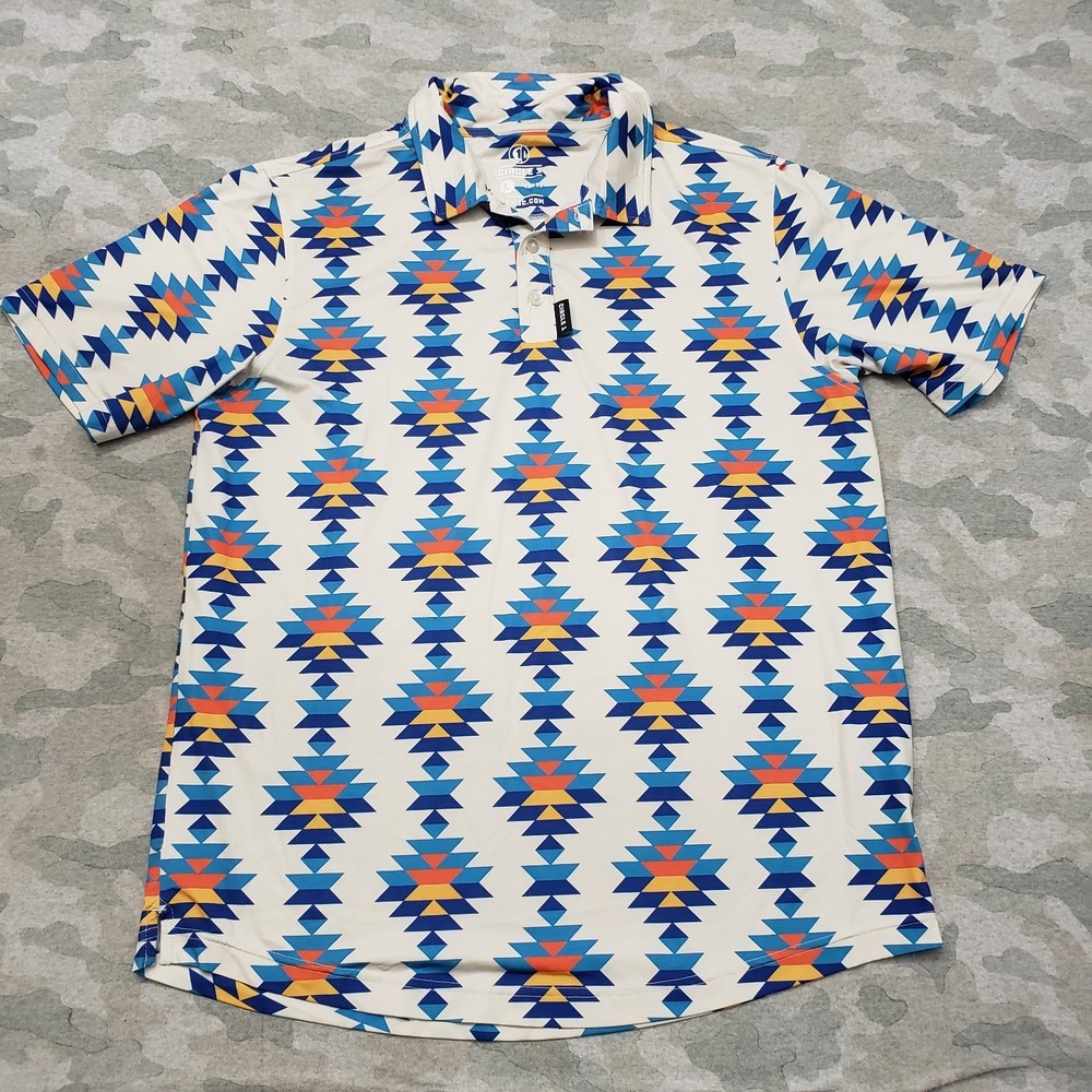 Circle 1 Disc Golf Polo Shirt Mens Large Beige Short Sleeve Aztec